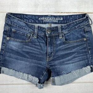 American Eagle Shorts Dark Wash Stretch Denim Cuffed Fringe